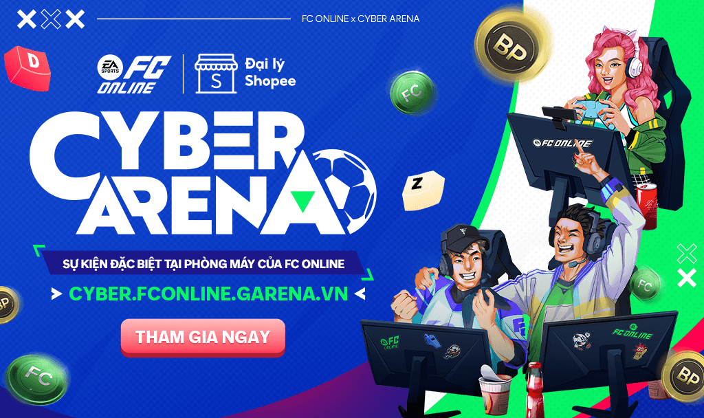  Cấp b&aacute;o bản tin &ldquo;cực m&aacute;u&rdquo; d&agrave;nh cho c&aacute;c chủ Ph&ograve;ng m&aacute;y Đại l&yacute; đ&atilde; đến rồi đ&acirc;y! 
 
 CYBER ARENA - Một sự kiện kết hợp đặc biệt giữa Đại l&yacute; Shopee v&agrave; FC Online đ&atilde; ch&iacute;nh thức ra mắt trong th&aacute;ng 5. 
 
 Đ&acirc;y l&agrave; cơ hội gi&uacute;p cho c&aacute;c Ph&ograve;ng m&aacute;y Đại l&yacute; c&oacute; thể tiếp cận gần hơn với c&aacute;c kh&aacute;ch h&agrave;ng của m&igrave;nh, cũng như nhận về được những phần thưởng cực kỳ gi&aacute; trị m&agrave; chủ Ph&ograve;ng m&aacute;y kh&ocirc;ng n&ecirc;n bỏ lỡ. Vậy chương tr&igrave;nh n&agrave;y l&agrave; g&igrave;, h&atilde;y c&ugrave;ng Đại l&yacute; Shopee kh&aacute;m ph&aacute; ngay: 
 
 CYBER ARENA - Sự kiện đặc biệt tại ph&ograve;ng m&aac