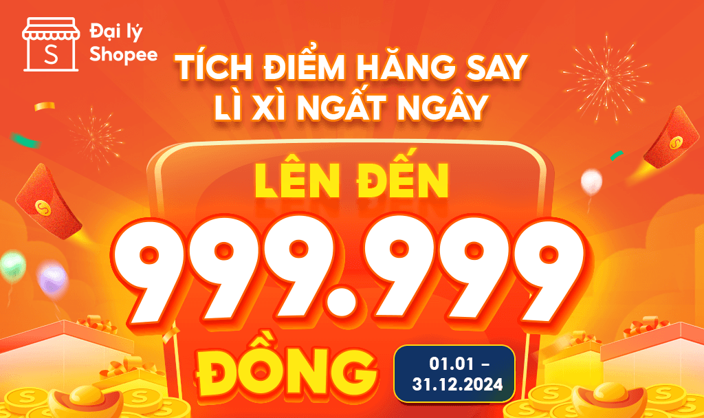  
 Điều g&igrave; đang chờ đ&oacute;n qu&yacute; Đại l&yacute; trong dịp lễ hội cuối năm si&ecirc;u rộn r&agrave;ng? V&ocirc; v&agrave;n bao l&igrave; x&igrave; trị gi&aacute; l&ecirc;n đến 999.999Đ v&agrave; những phần qu&agrave; Tết Ất Tỵ 2025 đang chờ đợi những chiến thần thực thụ. Qu&yacute; Đại l&yacute; h&atilde;y tham gia ngay cuộc đua thanh to&aacute;n để t&iacute;ch lũy điểm số thật cao từ ng&agrave;y 01/01/2024 đến hết ng&agrave;y 31/12/2024 v&agrave; c&oacute; cơ hội săn thật nhiều qu&agrave; tặng hấp dẫn từ Đại l&yacute; Shopee nh&eacute;. V&agrave; giờ h&atilde;y c&ugrave;ng kh&aacute;m ph&aacute; ngay b&ecirc;n dưới! 
 
 
 
 THỜI GIAN T&Iacute;CH ĐIỂM Từ ng&agrave;y 01.01 - 31.12.2024 
 ĐỐI TƯỢNG V&Agrave; CƠ CHẾ CHƯƠNG TR&Igrave;NH Đối tượng Chương tr&igrave;nh &aacute;p dụn